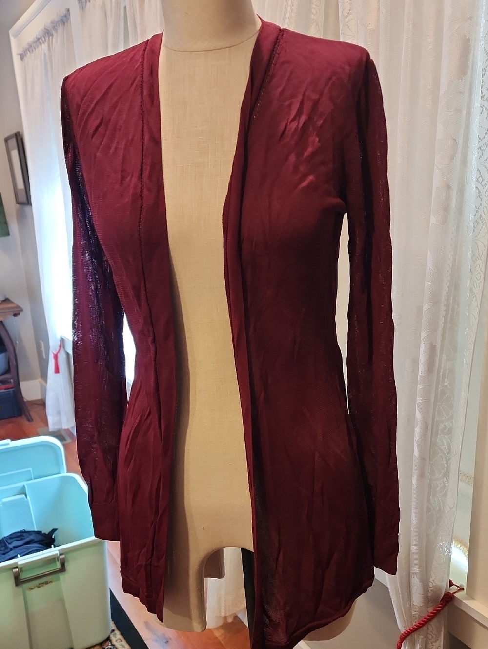White House Black Market Open-Front Long Sleeve Cardigan in Wine